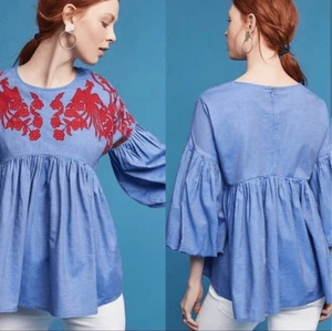 Anthropologie Hemant & Nandita Blue Pleated Top Shirt XS Red Phoenix Birds Bell - Picture 1 of 2