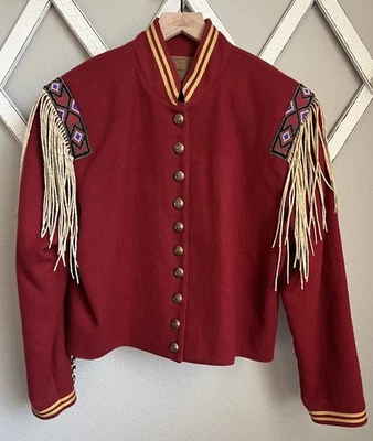 Vtg Double D Ranch Wear Women's M Wool Military Jacket Button Down Beaded Fringe - Image 1 of 4