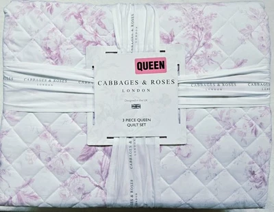 Cabbages & Roses Queen Quilt Toile Alderney Pink Raspberry Cotton Floral Set - Image 1 of 3