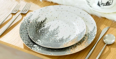 8 PIECE- Grace Teaware Grey & Gold Winter Forest DINNER & SALAD Plate Set NEW! - Image 1 of 4