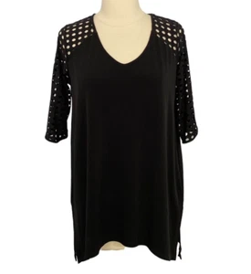 Clara Sun Woo Black Slinky Knit Tunic Top Laser Cut Sleeve V-neck Resort Size XS - Picture 1 of 7