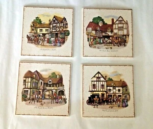 Vintage Set of 4 H&R Johnson OLD COACH BRISTOL YORK STRATFORD England Art Tiles - Picture 1 of 9