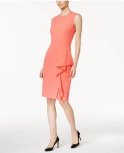 Calvin Klein Sheath Dress Sz 16 Peach Sleeveless Asymmetrical Ruffle Knee Length - Picture 1 of 11