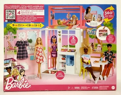 Juego de casa de muñecas Barbie plegable y tienda con muebles, 4 áreas de juego y accesorio para cachorros Foto 1 de 4