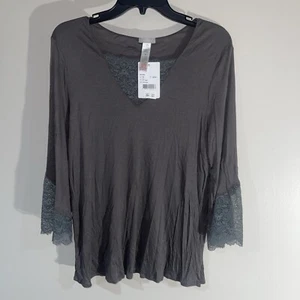 NWT HANRO Women's Gray Nightgown Sleepwear 3/4 Sleeve Medium Lace Trim MSRP $158 - Picture 1 of 8