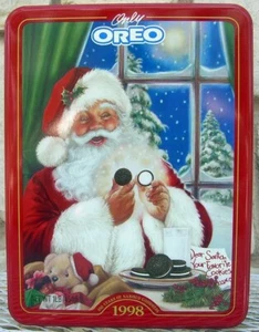 Lata de galletas Oreo Nabisco 1998 Navidad roja Santa's Little Secret 6 x 8 vacía - Imagen 1 de 4