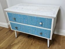White Chest of Drawers - Light Blue Peacock Print - 2 drawer - Upcycled