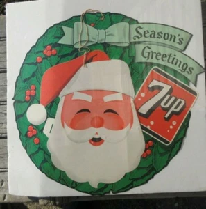 Vintage 7up Wreath Santa Christmas cardboard Sign Advertisement double sided F - Picture 1 of 7