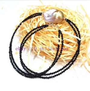 2 Rows 2mm Black Spinel Gemstone &Huge Real Natural Baroque Pearl Necklace 18'' - Picture 1 of 4