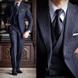 Spring Autumn Men's Striped Suits Woolen Blend Regular Fit for Business Wedding - Picture 1 of 14