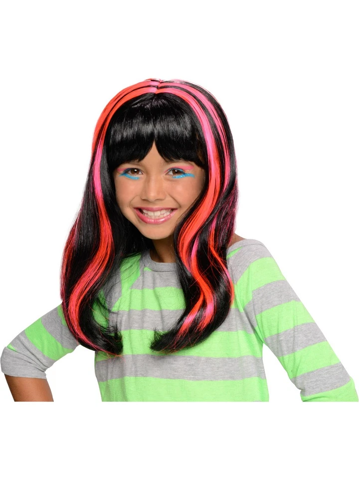 Peruca fantasia vampiro punk rave preta neon rosa longa infantil meninas anos 80 - Imagem 1 de 1