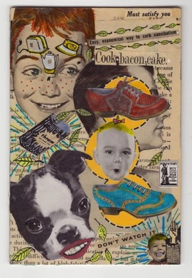 Original 4x6 Art – Whimsical Surreal Mixed Media – Cook Bacon Cake Boy Dog - Image 1 of 4