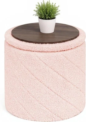 Pink Boucle Round Storage Ottoman Stool Folding Footrest Vanity Seat - Image 1 of 4
