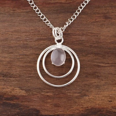 Pedra preciosa de quartzo rosa feita à mão 925 prata esterlina pingente boho para esposa - Imagem 1 de 4