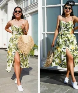 Vestido H&M Mezcla de Lino Estampado de Limón con Correas Calce de Verano y Llamaradas Midi Talla 10 12 - Imagen 1 de 10