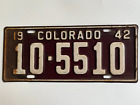 1942 Colorado License Plate 100% All Original Paint