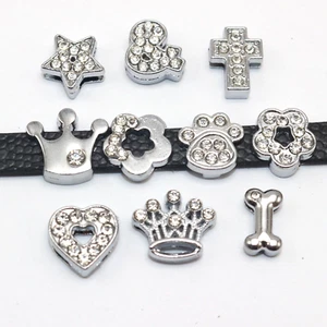10 Assorted Silver Alloy Flower Cross Heart Slide Charms Fit 8mm Wristband - Picture 1 of 9