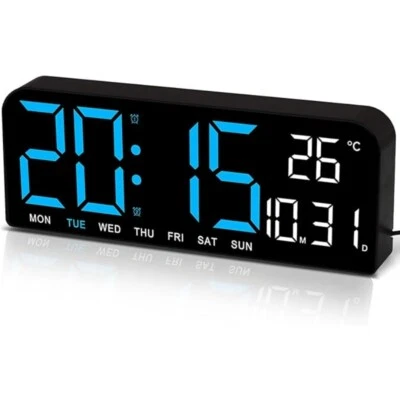 Digital Led Mirror Wall Clock Alarm Temperature Humidity 9" Large Display Night - Image 1 of 4