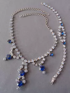 Vintage Prong Set Rhinestone Necklace Bracelet Set Pale and Cobalt Blue - Picture 1 of 12