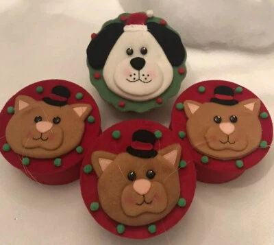 4件套假日装饰存储圣诞节6英寸礼品盒毛毡覆盖猫狗 — 第 1/4 张图片