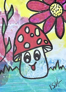 Pilz ACEO Original Gemälde Zeichnung Sammlerstück Kunstkarte signiert Blumen - Bild 1 von 1