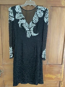 Vintage Scala Black White Silver Beaded Sequin Dress Medium Cocktail - Picture 1 of 10