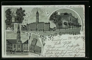 Lithographie Grossenhain / Sa., Rathaus, Post, Kupferbergturm 1899 - Bild 1 von 2