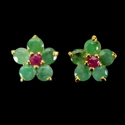 925 Sterling Silver Earrings Round Emerald 4mm Ruby Flower Gemstone Jewelry - Image 1 of 4