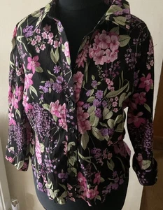 MONSOON Size 14 Black Floral 3/e Sleeve Organic Cotton Blouse - Picture 1 of 4