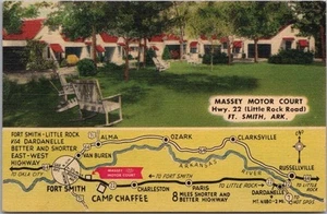 1950s FORT SMITH, Arkansas Postcard "MASSEY MOTOR COURT" Hwy 22 / Map -MWM Linen - Picture 1 of 2
