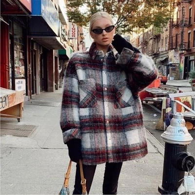 IRO Shirt Jacket Minsky Oversized Wool in Plaid Tartan White Black Red - Image 1 of 4