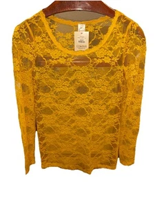 Vtg LARGE Women Mustard Sheer See Through Blouse Lace Long Sleeve Stunning - Picture 1 of 10