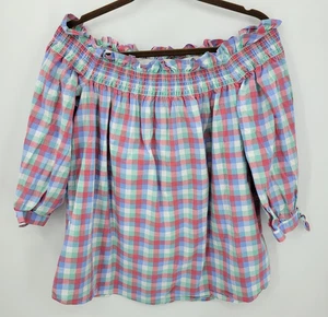 Kate Spade Top Womens Colorful Plaid Off Shoulder 3/4 Sleeve Designer Preppy - Picture 1 of 9