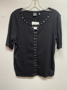 Rafaella Black Top Size Large Biker 100% Cotton 3/4 Sleeves Silver Studded NWT - Picture 1 of 11