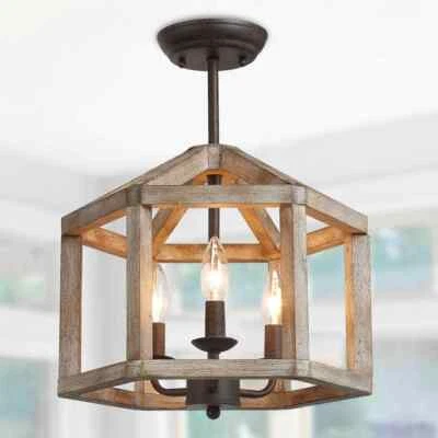 LNC Rustic Drum Bronze Wood Semi-Flush Mount, Industrial Geometric 3-Light - Image 1 of 4