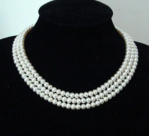3Rows 7-8mm Genuine Natural White Akoya Cultured Pearl Beads Jewelry Necklace - Picture 1 of 3