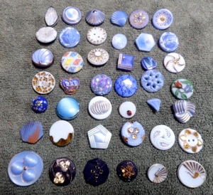 36 Vintage Antique Glass Buttons COLORFUL BLUE w/Gold Trim FANCY DESIGNS SHAPES - Picture 1 of 18