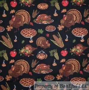 BonEful Fabric Cotton Quilt Black Red Apple Brown Bird Turkey Farm Kitchen SCRAP - Picture 1 of 14