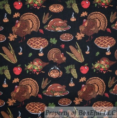 BonEful Fabric FQ Cotton Quilt Black Red Apple Brown Turkey Bird Kitchen Cook US - Image 1 of 4