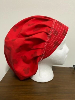 MICKEY MOUSE IMAGE ON RED SURGICAL NURSES SCRUB HAT BOUFFANT,CHEMO,SURGERY TECH - Image 1 of 2