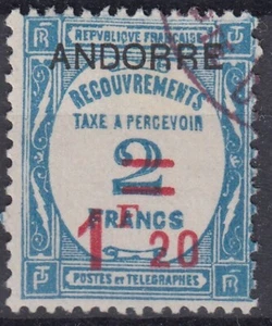 TIMBRE ANDORRE TAXE SURCHARGEE N° 13 OBLITERATION VIOLETTE LEGERE - COTE 92 € - Picture 1 of 2