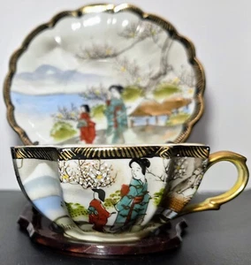 BEAUTIFUL RARE VINTAGE LENWILE CHINA ARDALT 6192 GEISHA FULL SIZE SAUCER & CUP - Picture 1 of 16