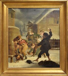 British Genre scene Unequal snowball fight 19th century Oil painting Signed