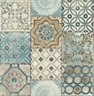 Wallpaper Faux Encaustic Mederterrian Tile Blue Gray Tan Beige Off White