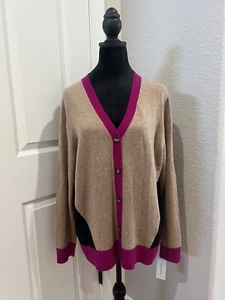 Charter Club Luxury 100% Cashmere XL Cardigan Sweater Colorblock Button Up Pink - Picture 1 of 18