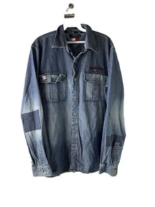Vintage 90s Tommy Hilfiger Mens Large Stitched Faded Denim Jean Button Shirt - Picture 1 of 8