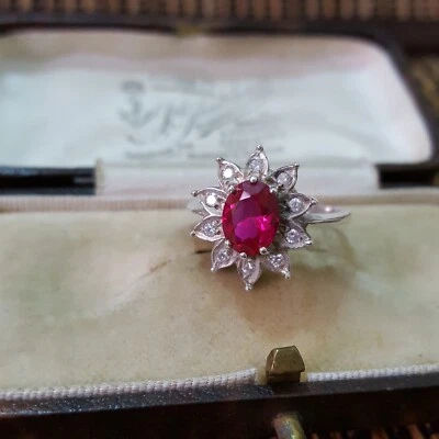 925 Sterling Silver Ring, Lab Created Ruby, Floral Ring, Size O.5 US 7.25  - Image 1 of 4