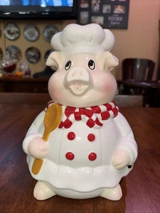 Chef Pig Ceramic Cookie Jar With Lid Vintage Wooden Spoon - Picture 1 of 6