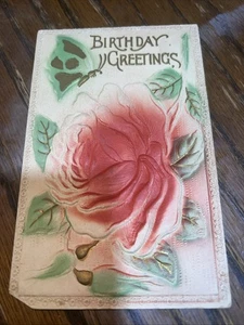 c.1910 Birthday Greetings Postcard Butterfly Rose - Picture 1 of 2