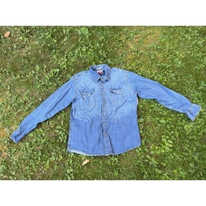 Camicia western vintage anni 90 Wrangler Pearl Snap uomo grande L denim indaco made in USA - Foto 1 di 8